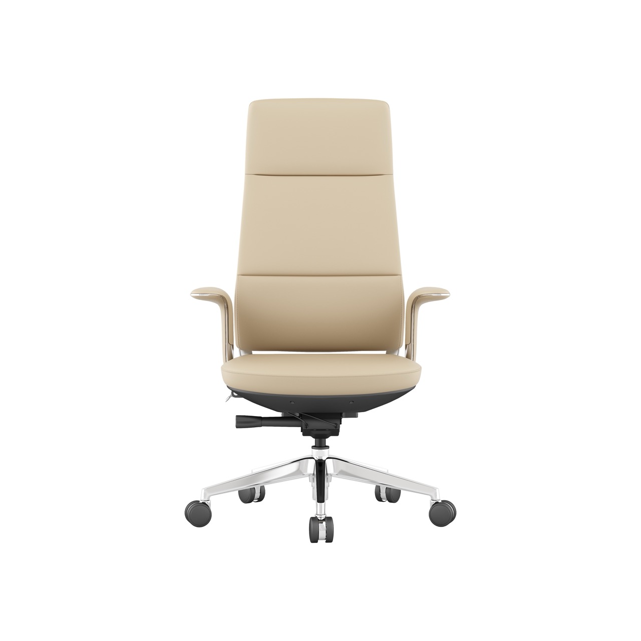 Modern minimalist ergonomic office chair in light beige leather, featuring fixed padded armrests and silent casters